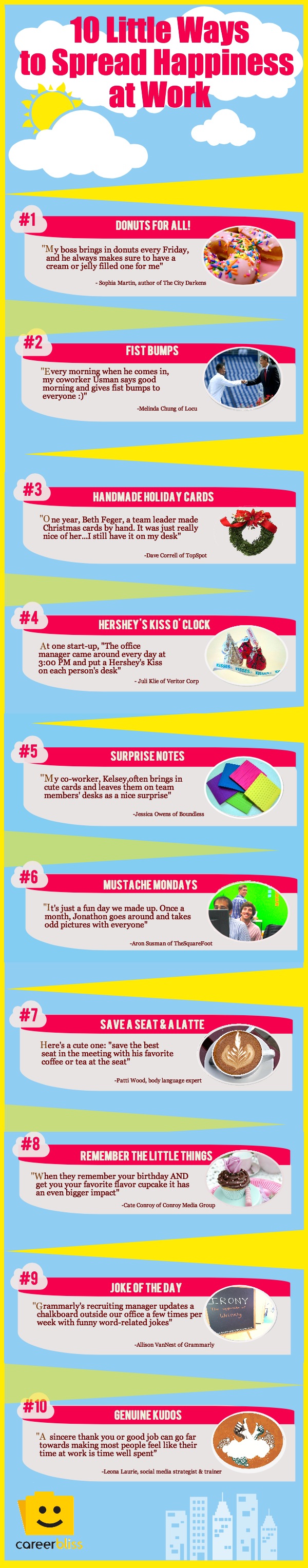 10 Little Ways to Spread Happiness at Work Infographic CareerBliss